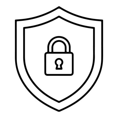 İçinde asma kilit olan bir kalkanın basit bir çizgi sanat simgesi. Güvenlik ve veri korumasını simgeliyor..