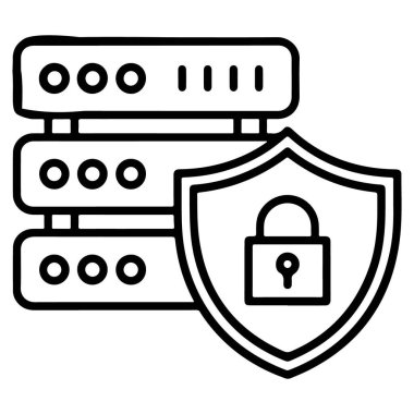 Asma kilit ile korunan bir sunucu rafının stilize edilmiş siyah beyaz çizimi.