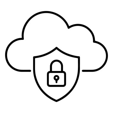 Basit bir çizgi resim simgesi, bulut güvenliğini simgeliyor. Kalkanı ve asma kilidi var..