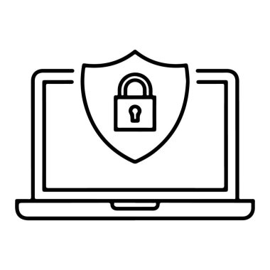 Bir dizüstü bilgisayarın dijital güvenlik ve korumayı sembolize eden kalkanı ve asma kilidi olan çizgi resim simgesi.