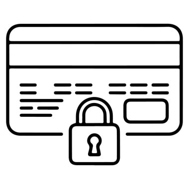 Kredi kartının asma kilit sembollü çizgisi çizimi, güvenli işlemleri ve finansal korumayı temsil ediyor..