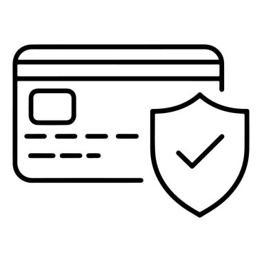 Çizgi resim simgesi, güvenlik ve korumayı sembolize eden kalkan ve işaretli bir kredi kartını temsil ediyor..