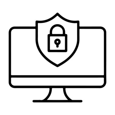 Bilgisayar monitörünün basit bir çizgisi. Veri güvenliğini sembolize eden asma kilidi olan bir kalkanı gösteriyor..