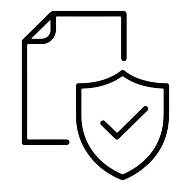 Bir minimalist çizgi resim simgesi. Güvenli bir belgeyi temsil ediyor. Kalkanı ve işaretleri var..