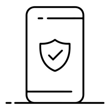 Koruyucu kalkanı ve işaretli sembolü olan bir akıllı telefonu tasvir eden basit bir çizgi resim simgesi.