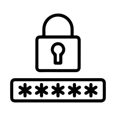 Bir parolayı temsil eden yıldız alanının üzerinde asma kilit tasvir eden basit bir çizgi resim simgesi.