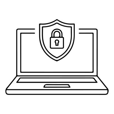 Kalkanı ve asma kilidi olan bir dizüstü bilgisayarın çizgi çizimi veri güvenliği ve korunmasını simgeliyor..