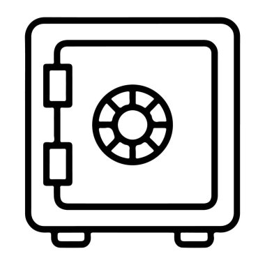 Dairesel kadranı ve iki menteşesi olan güvenli bir kasanın minimalist çizimi.