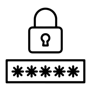 Bir parolayı gösteren yıldız alanının üzerinde kilitli bir asma kilidi temsil eden basit bir çizgi resim simgesi.
