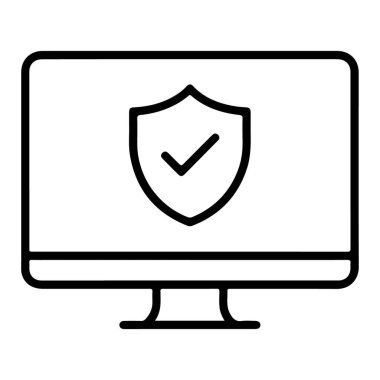 Güvenlik kalkanı ve ekranında işaret olan bir bilgisayar monitörünün basit bir çizgisi çizimi.