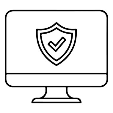 Güvenlik kalkanı ve ekranında kontrol işareti olan basit bir bilgisayar ekranı simgesi.