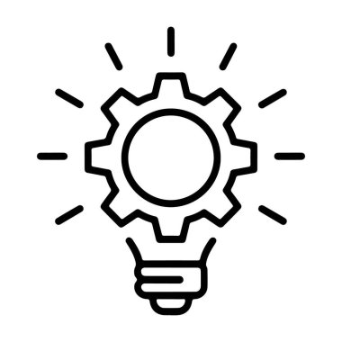 Bir çizgi sanat ikonu ampulü bir dişli ile birleştirerek yaratıcı kavramları ve mekanik çözümleri temsil eder..