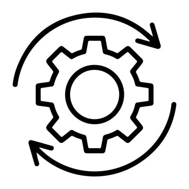 Bir süreci ya da iş akışını sembolize eden, iki dairesel okla çevrili bir dişliyi tasvir eden basit bir çizgi sanat simgesi.
