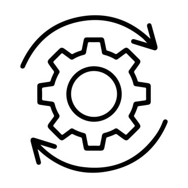 İki dairesel okla çevrili bir dişlinin basit bir çizgi resim simgesi sürekli bir süreci gösterir.
