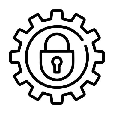 Biçimli bir vites simgesi, güvenlik, koruma ve güvenliği sembolize eden bir asma kilit sembolü içerir.