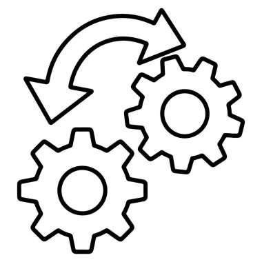 Birbirine kenetlenmiş iki dişlinin sürekli bir işlem ya da iş akışını gösteren eğri bir ok çizgisi çizimi.