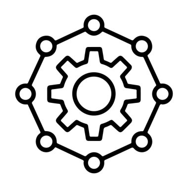 Merkezi dişli bağlı bir ağı temsil eden, entegrasyonu ve mekaniği sembolize eden biçimlendirilmiş bir simge.