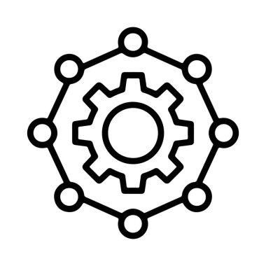 Birbirine bağlı düğümlerle çevrili merkezi bir vites tasvir eden biçimlendirilmiş bir simge.