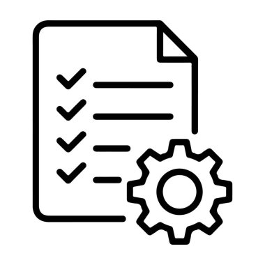Tamamlanmış ögelerle bir kontrol listesi ve görev yönetimi ve işletim süreçlerini sembolize eden bir dişli tasvir eden basit bir satır resim simgesi.