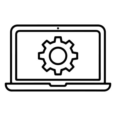 Bir cogwheel simgesini gösteren, ayarları veya teknik yapılandırmayı sembolize eden basit bir dizüstü bilgisayar çizimi.