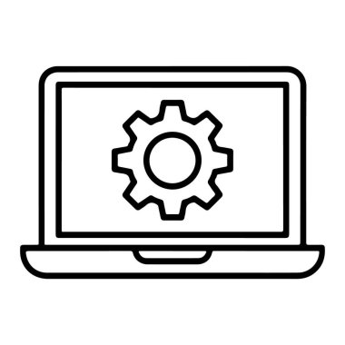Bir cogwheel simgesini gösteren, ayarları veya teknik yapılandırmayı sembolize eden basit bir dizüstü bilgisayar çizimi.