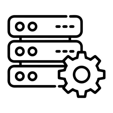 Veri işleme ve bilişim işlemlerini sembolize eden, bir sunucu rafının dişlinin yanında stilize edilmiş bir çizgi çizimi.