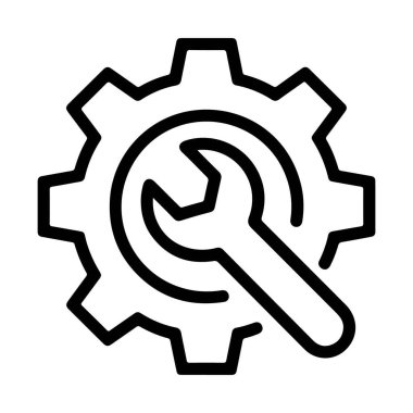 Bir dişli ve bir ingiliz anahtarı içeren, mekanik çalışmayı ve problem çözmeyi temsil eden temiz çizgi sanat simgesi.