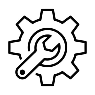 Basit bir siyah beyaz çizgi sanat ikonu. İçinde İngiliz anahtarı olan bir vites. Mekanik ve endüstriyi simgeliyor..