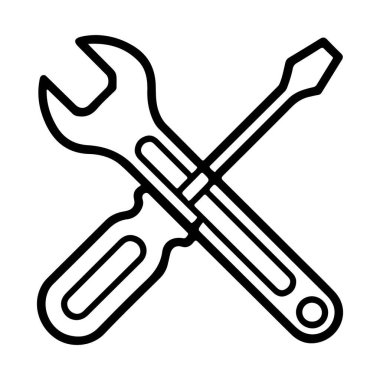 Çapraz anahtar ve tornavidayı simgeleyen siyah beyaz çizgili basit bir resim..