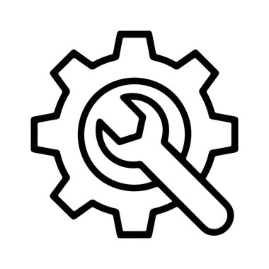 İçinde ingiliz anahtarı olan basit bir siyah beyaz çizgi çizimi, servis ve mekaniği simgeliyor..