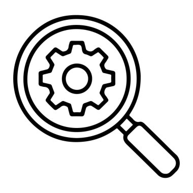 Arama ve teknik analizi temsil eden bir dişli çarkına odaklanmış büyüteç çizimi.