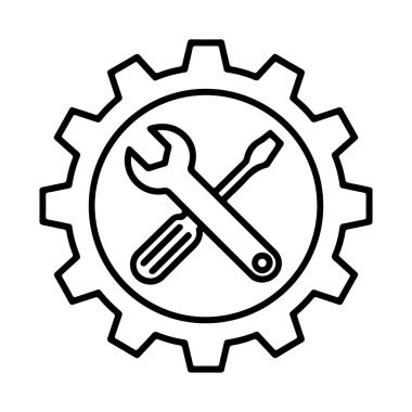 İçinde çapraz ingiliz anahtarı ve tornavida olan siyah beyaz çizgili bir vites..