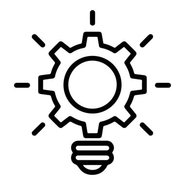 Bir dişliyi ampulle birleştiren, fikirleri ve mekanik süreçleri temsil eden stilize edilmiş bir simge.