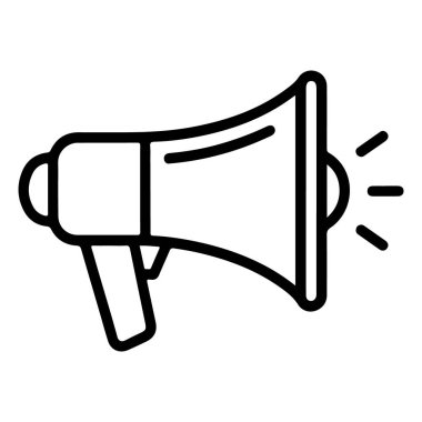 Bir megafonun minimalist siyah beyaz çizimi ses dalgaları yayıyor, duyuruyu ya da tanıtımı sembolize ediyor.