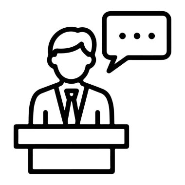 Üzerinde bir konuşma balonu olan bir kişinin podyumda konuştuğu basit bir çizim..