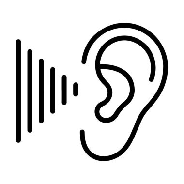 Basit bir siyah beyaz çizgi, ona yaklaşan ses dalgalarıyla bir kulak tasvir eder..