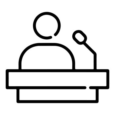 Bir kürsüde bir konuşmacının minimalist çizimi, bir mikrofonla halka konuşma veya sunumu temsil eder..