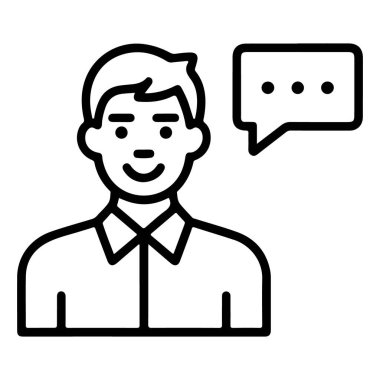 Konuşma balonu olan gülümseyen bir adamın basit bir sanat simgesi. Konuşma ve diyaloğu sembolize ediyor..