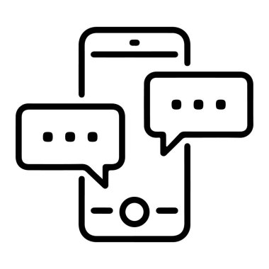 İki sohbet baloncuğu olan akıllı telefonu tasvir eden bir minimalist çizgi sanat simgesi, metin mesajlaşmasını ve iletişimi simgeliyor.