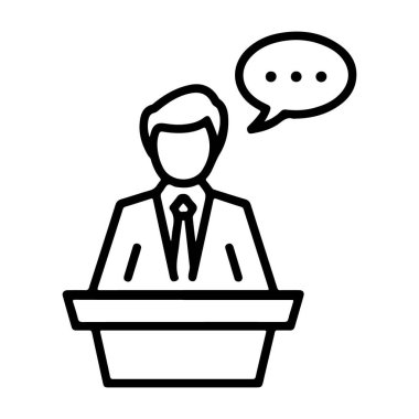 Üzerinde bir konuşma balonuyla podyumda duran takım elbiseli bir adamın basit bir çizimi..