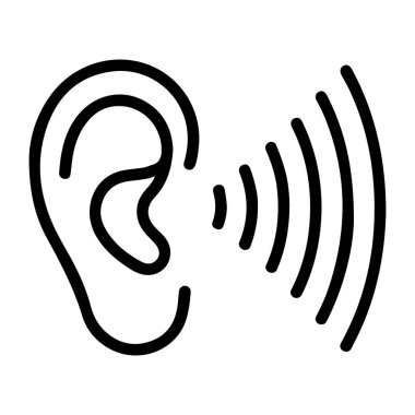 Siyah ve beyaz çizgili bir çizim, içinden yayılan ses dalgaları ile bir kulak tasvir eder..