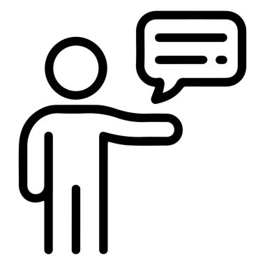 İletişim ya da diyalogu gösteren bir konuşma baloncuğu olan bir kişinin basit bir çizgi resim simgesi.