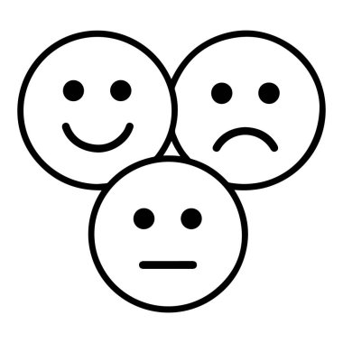 Mutsuz ve tarafsız duyguları tasvir eden üç dairesel yüzün basit bir çizgisi..