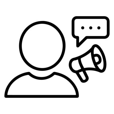 Bir kişiye, megafona ve konuşma baloncuğuna iletişim ve anons kavramlarını gösteren basit bir çizgi resim simgesi.