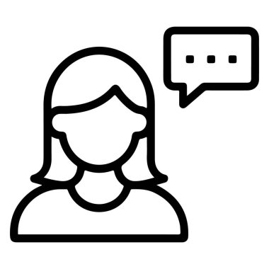 Konuşma balonu olan bir kadının iletişim ya da konuşmayı gösteren basit bir taslak simgesi.