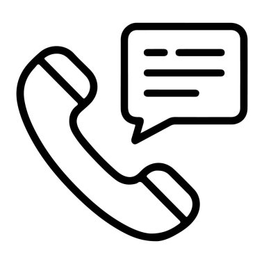 Metni olan bir konuşma balonunun yanında bir telefon ahizesi tasvir eden basit bir satır resim simgesi.