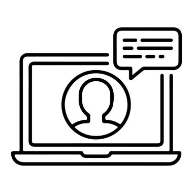 Kullanıcı profili ve metin ile bir konuşma baloncuğu gösteren bir dizüstü bilgisayarı tasvir eden basit bir satır sanat simgesi.