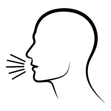 Bir kişinin kafasının profilde basit bir çizimi, ağızdan çıkan çizgiler konuşma ya da sesi temsil ediyor..