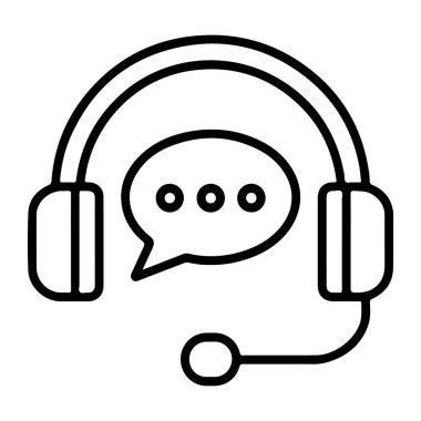 Mikrofonlu kulaklıkları tasvir eden basit bir çizgi sanat ikonu ve konuşma baloncuğu..