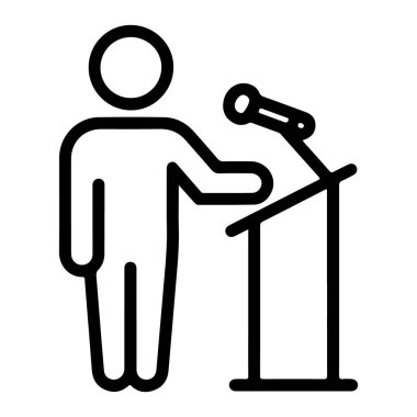 Basit bir çizgi sanat ikonu, podyumda mikrofonla dikilen ve konuşmaya hazır bir insan tasvir ediyor..